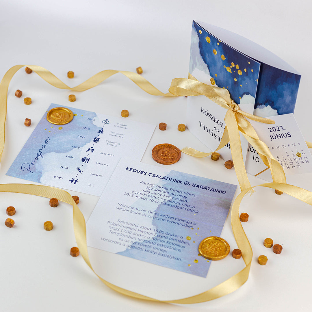 "Kék márvány" naptáras esküvői meghívó
