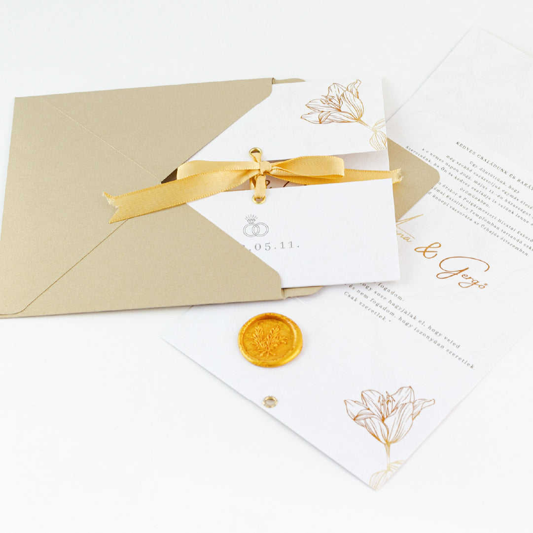 "Aranyszirom" ringlis hajtott esküvői meghívó