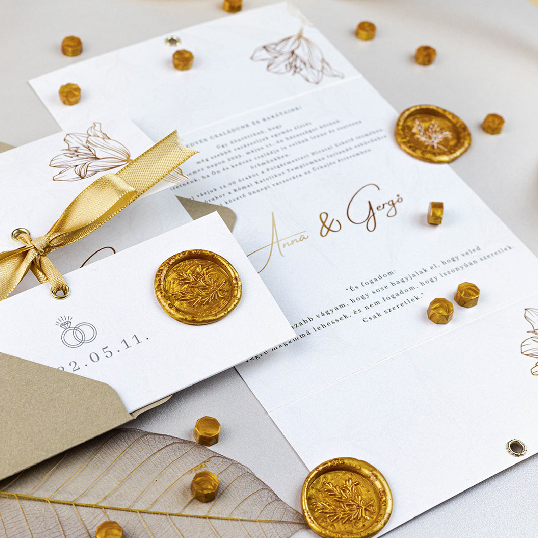 "Aranyszirom" ringlis hajtott esküvői meghívó