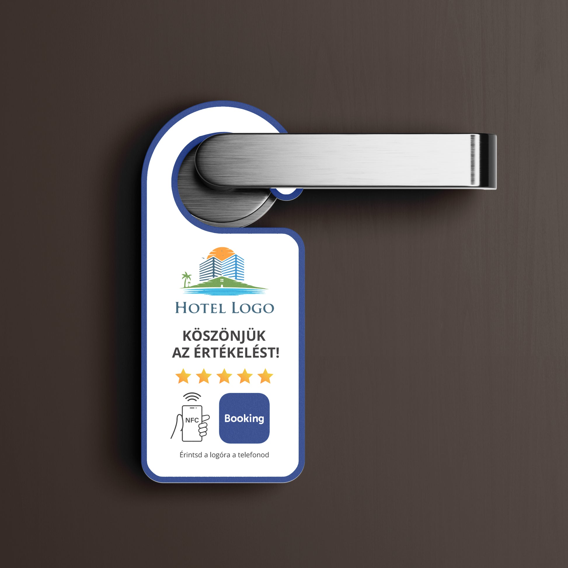 Booking Értékelésgyűjtő ajtókilincs akasztó NFC-vel és egyedi logóval