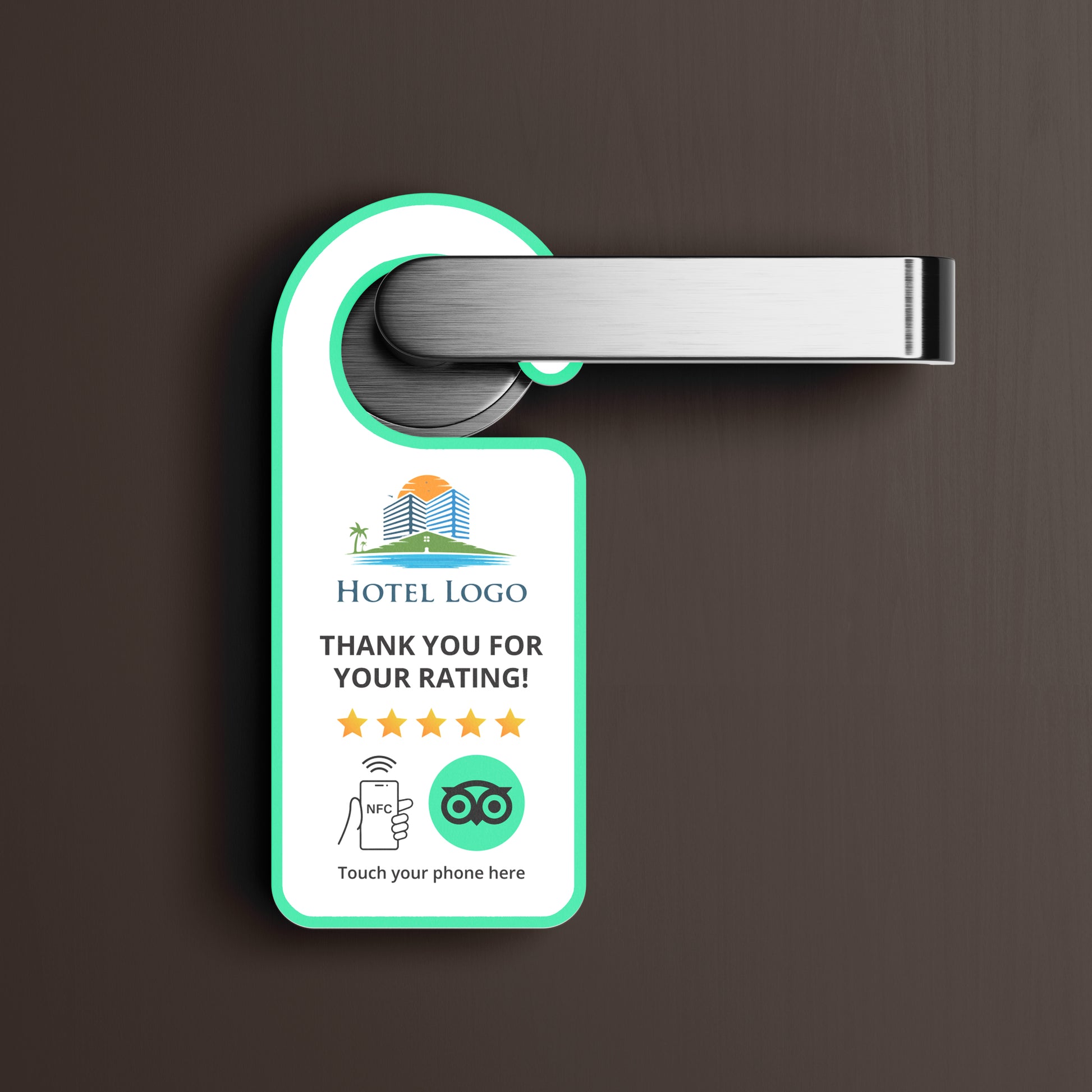 Tripadvisor Értékelésgyűjtő ajtókilincs akasztó NFC-vel és egyedi logóval