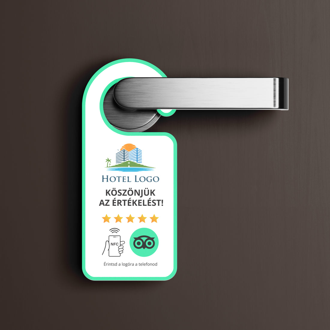 Tripadvisor Értékelésgyűjtő ajtókilincs akasztó NFC-vel és egyedi logóval