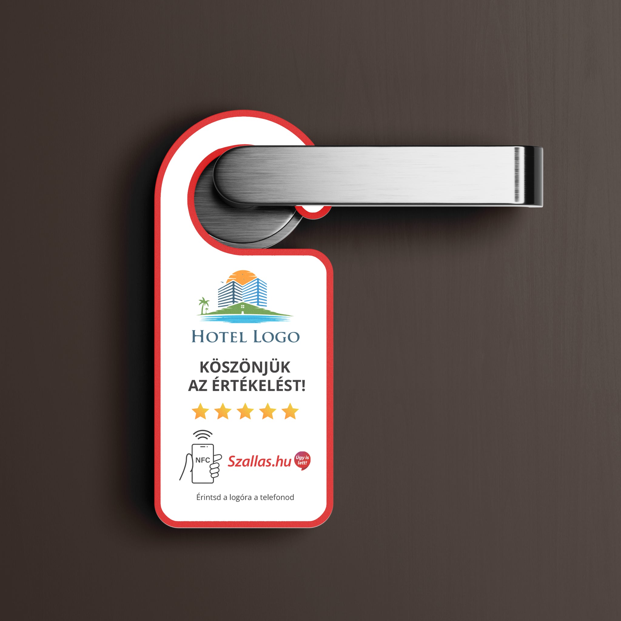 Szállás.hu Értékelésgyűjtő ajtókilincs akasztó NFC-vel és egyedi logóval