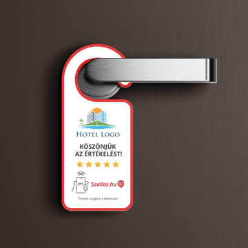 Szállás.hu Értékelésgyűjtő ajtókilincs akasztó NFC-vel és egyedi logóval