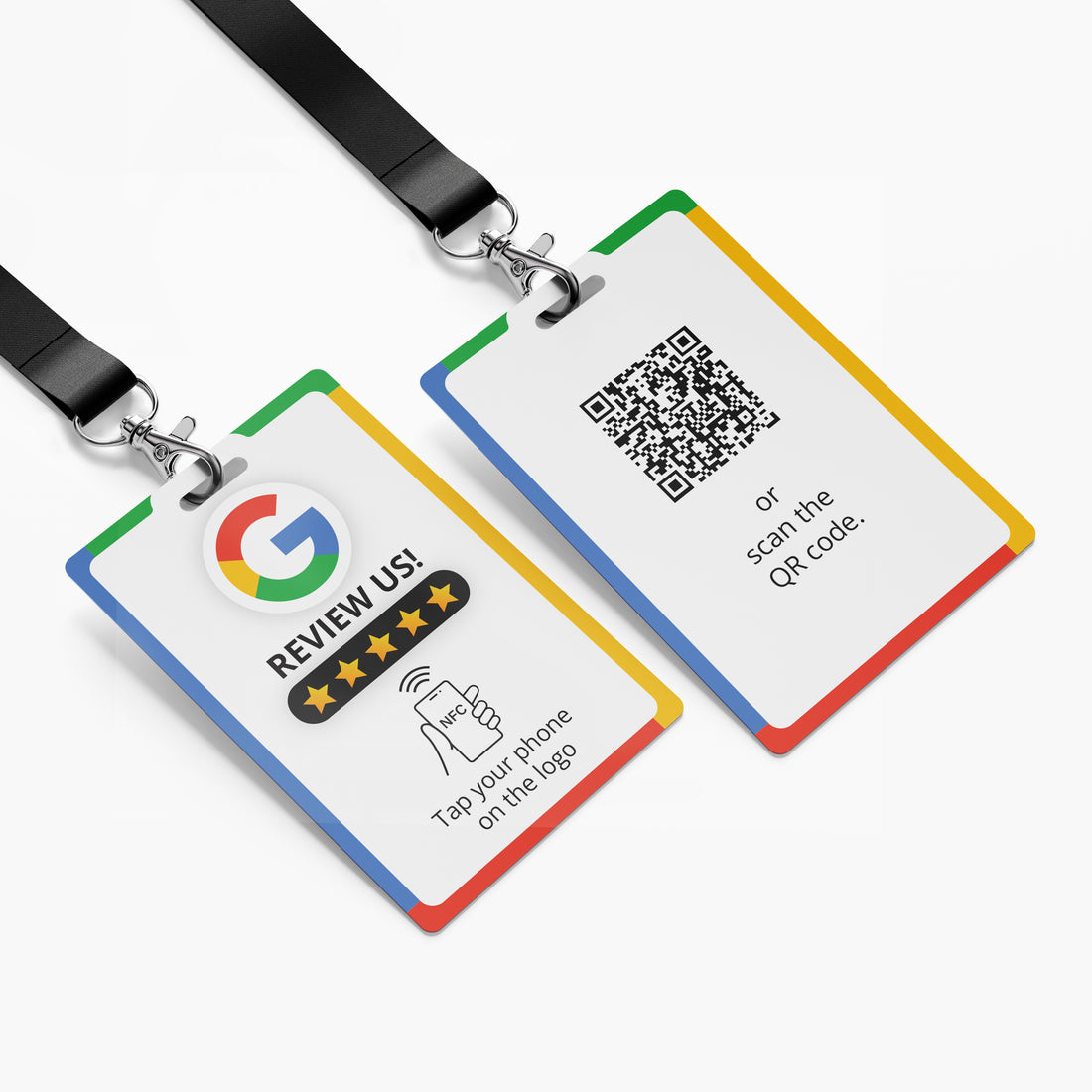 Google Értékelésgyűjtő nyakba akasztható névjegykártya NFC-vel és QR kóddal - angol nyelvű