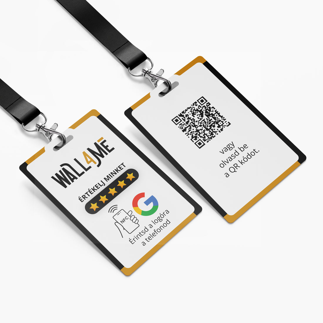 Google Értékelésgyűjtő nyakba akasztható névjegykártya NFC-vel, QR kóddal és egyedi logóval - magyar nyelvű