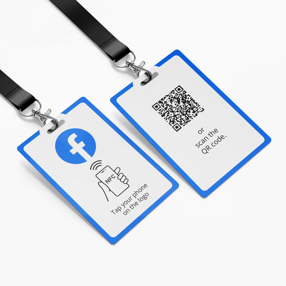 Facebook Követőgyűjtő nyakba akasztható névjegykártya NFC-vel és QR kóddal - angol nyelvű