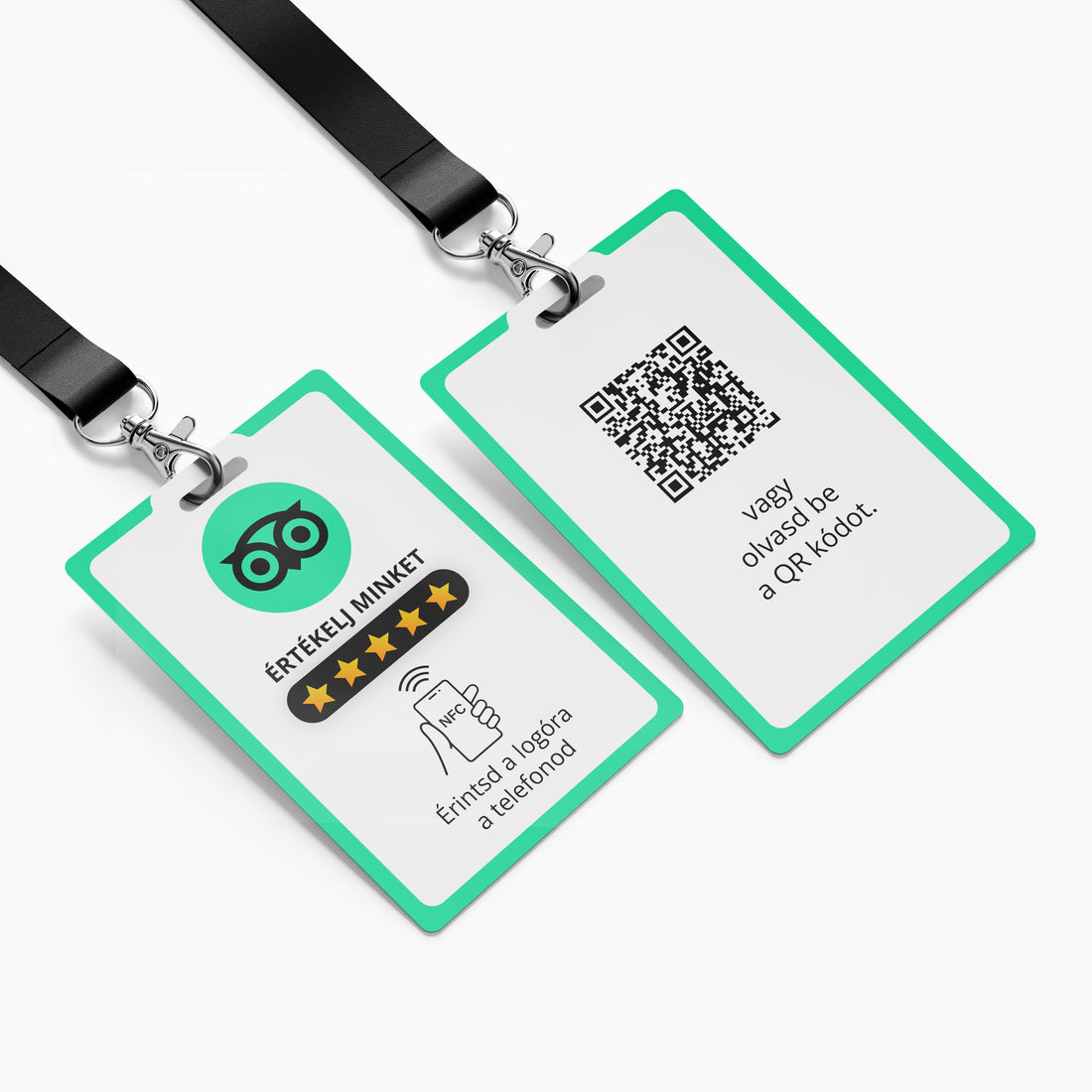 Tripadvisor Értékelésgyűjtő nyakba akasztható névjegykártya NFC-vel és QR kóddal - magyar nyelvű