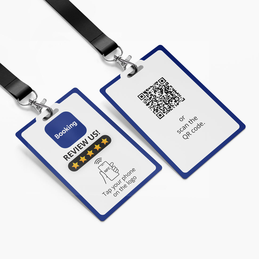 Booking Értékelésgyűjtő nyakba akasztható névjegykártya NFC-vel és QR kóddal - angol nyelvű
