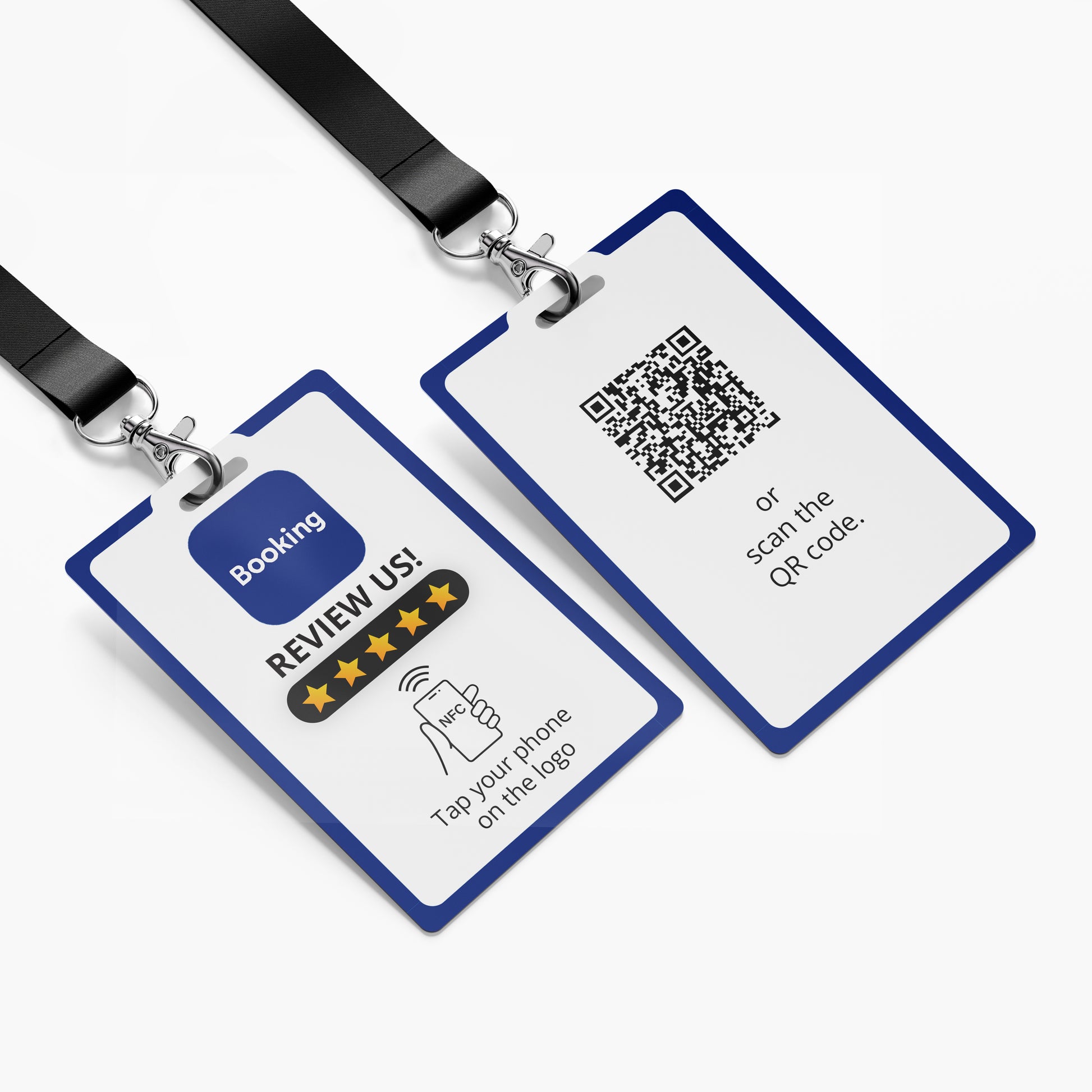 Booking Értékelésgyűjtő nyakba akasztható névjegykártya NFC-vel és QR kóddal - angol nyelvű
