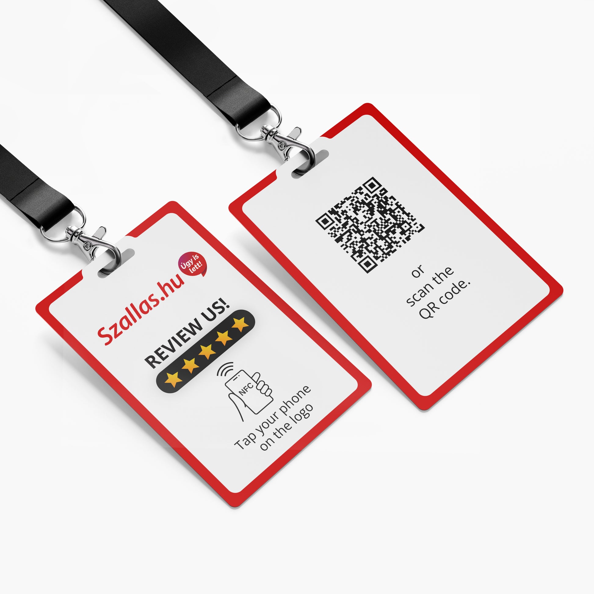 Szállás.hu Értékelésgyűjtő nyakba akasztható névjegykártya NFC-vel és QR kóddal - angol nyelvű