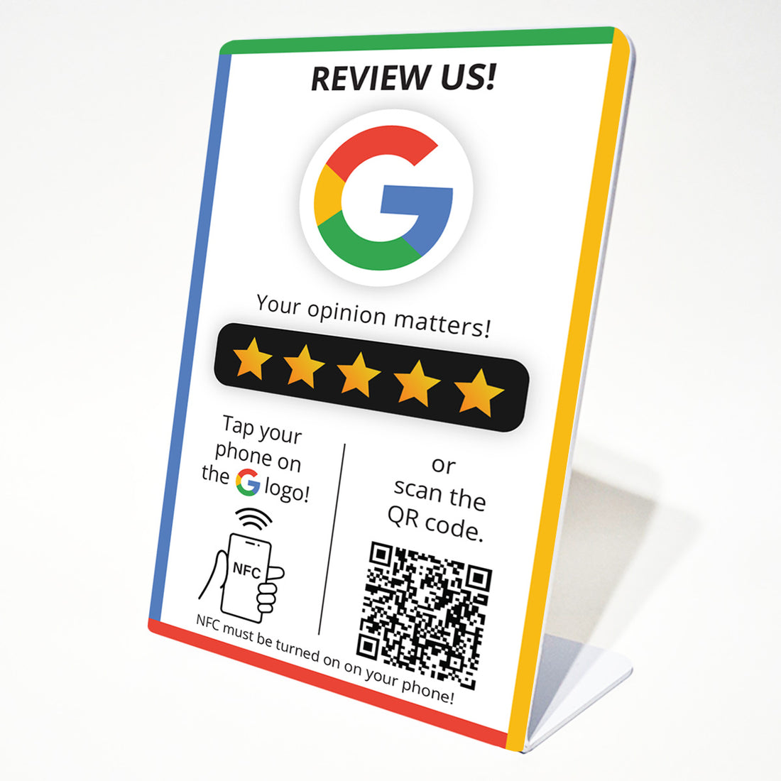 Google Értékelésgyűjtő állvány NFC-vel és QR  kód leolvasóval - angol nyelvű