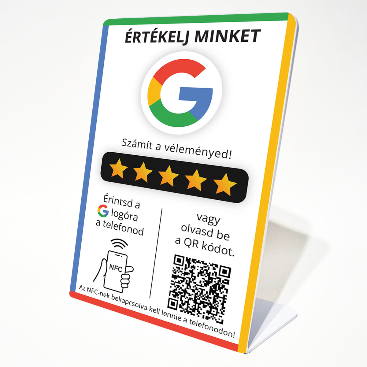Google Értékelésgyűjtő állvány NFC-vel és QR kód leolvasóval - magyar nyelvű