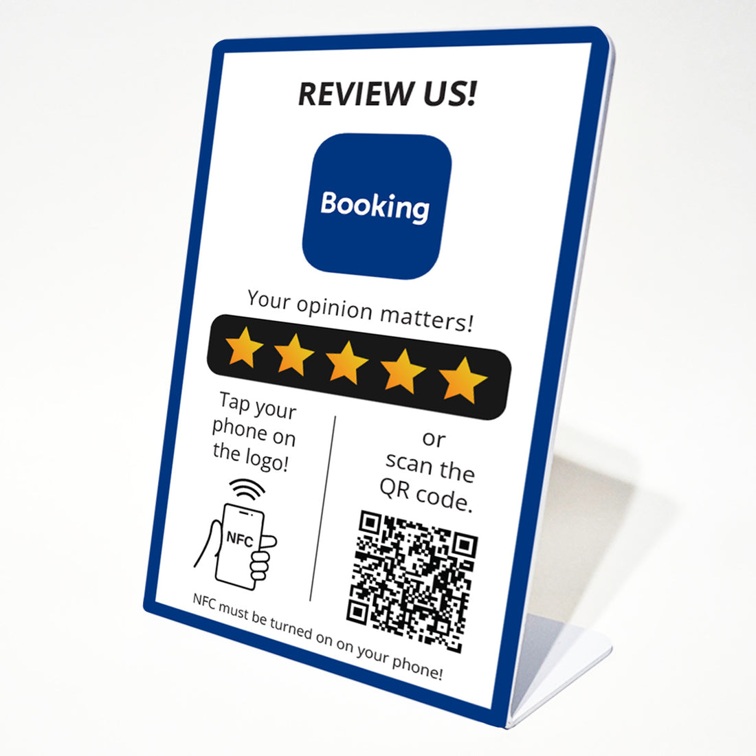 Booking Értékelésgyűjtő állvány NFC-vel és QR kód leolvasóval - angol nyelvű