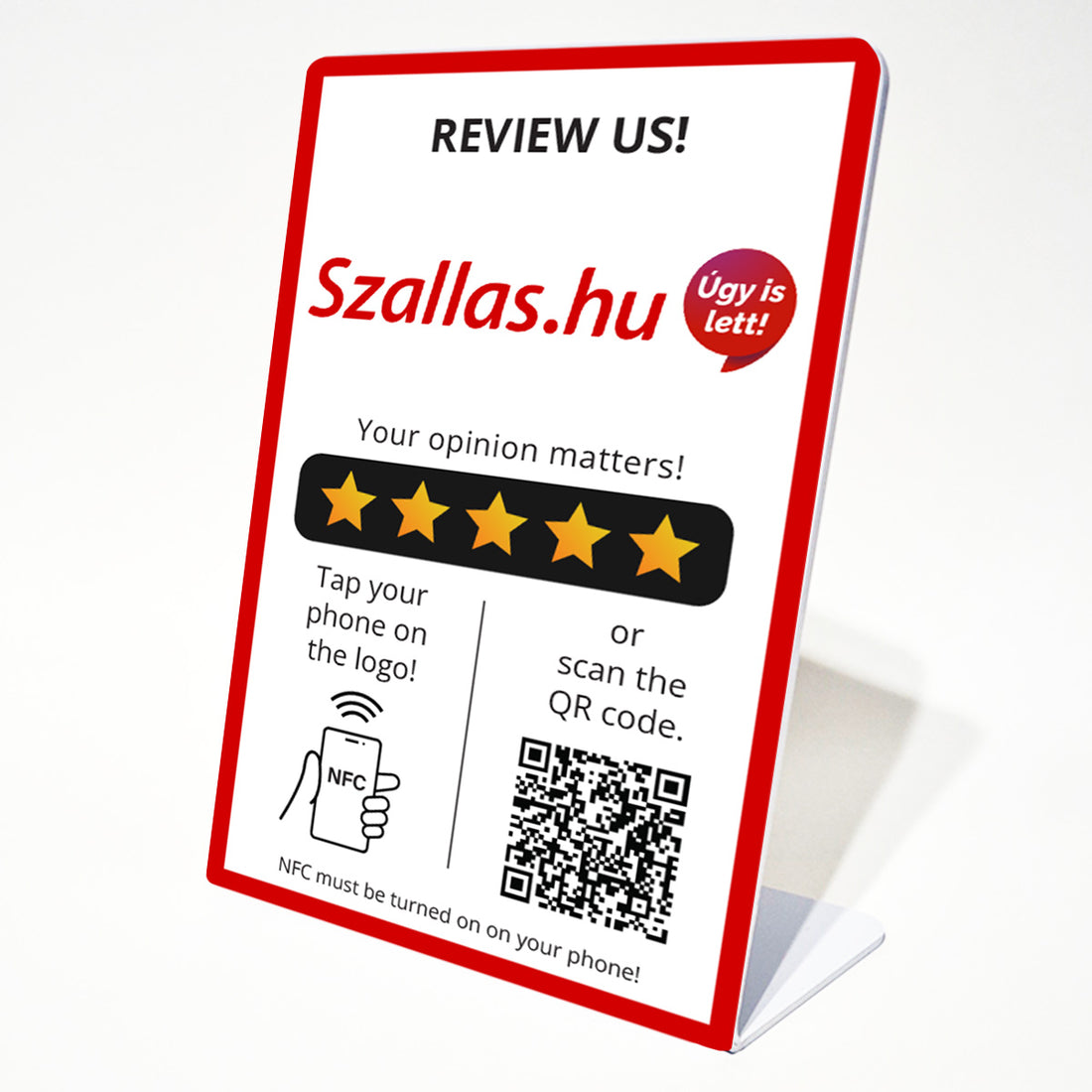 Szállás.hu  Értékelésgyűjtő állvány NFC-vel és QR kód leolvasóval - angol nyelvű
