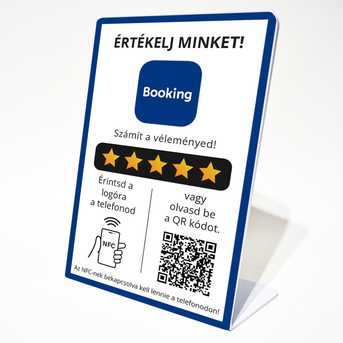Booking Értékelésgyűjtő állvány NFC-vel és QR kód leolvasóval - magyar nyelvű