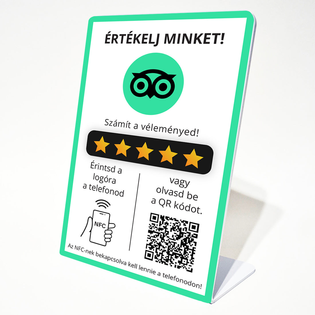 Tripadvisor Értékelésgyűjtő állvány NFC-vel és QR kód leolvasóval - magyar nyelvű