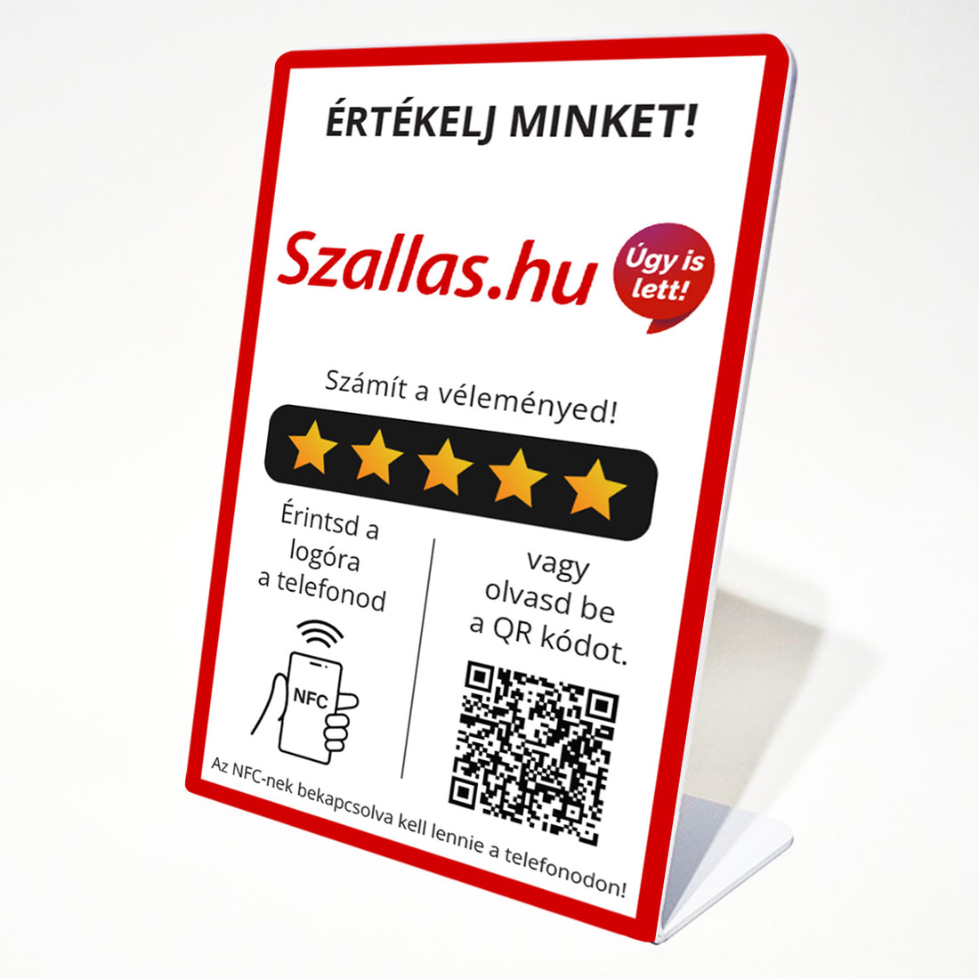 Szállás.hu  Értékelésgyűjtő állvány NFC-vel és QR kód leolvasóval - magyar nyelvű