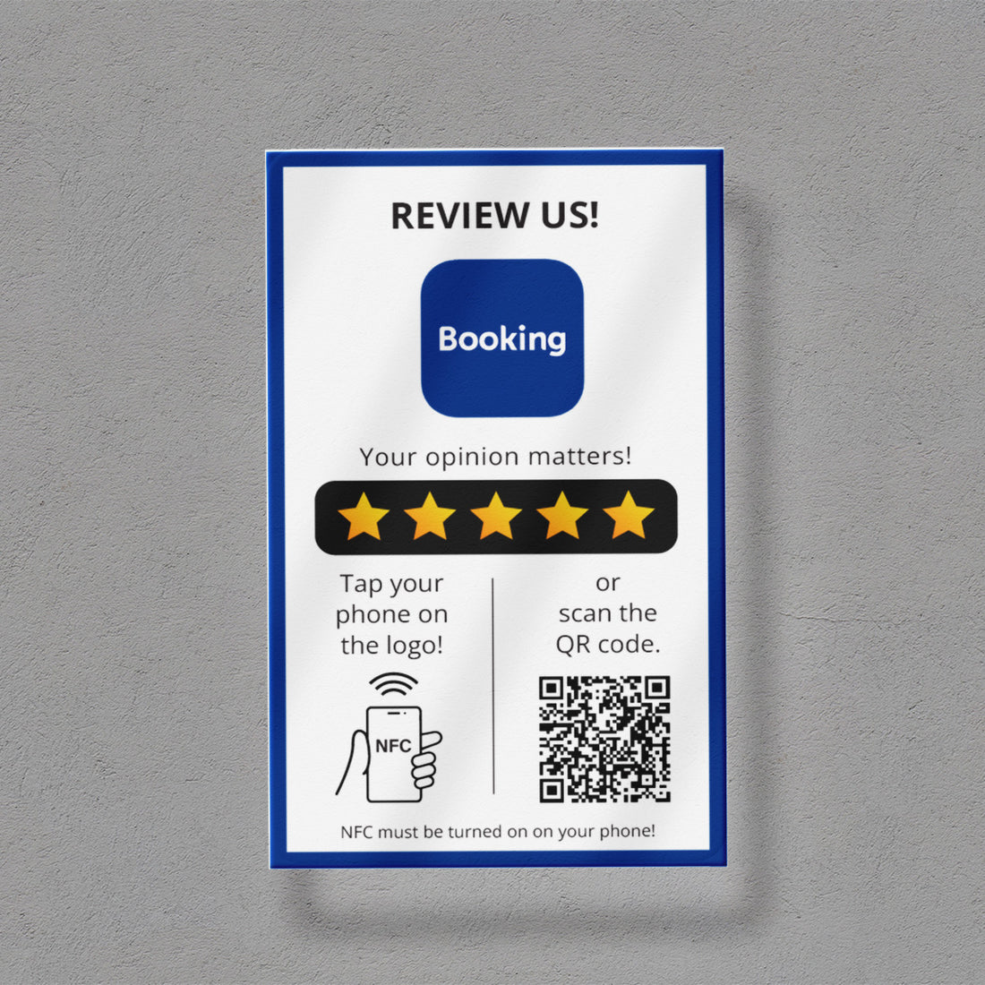Booking Értékelésgyűjtő tábla NFC-vel és QR kód leolvasóval - angol nyelvű