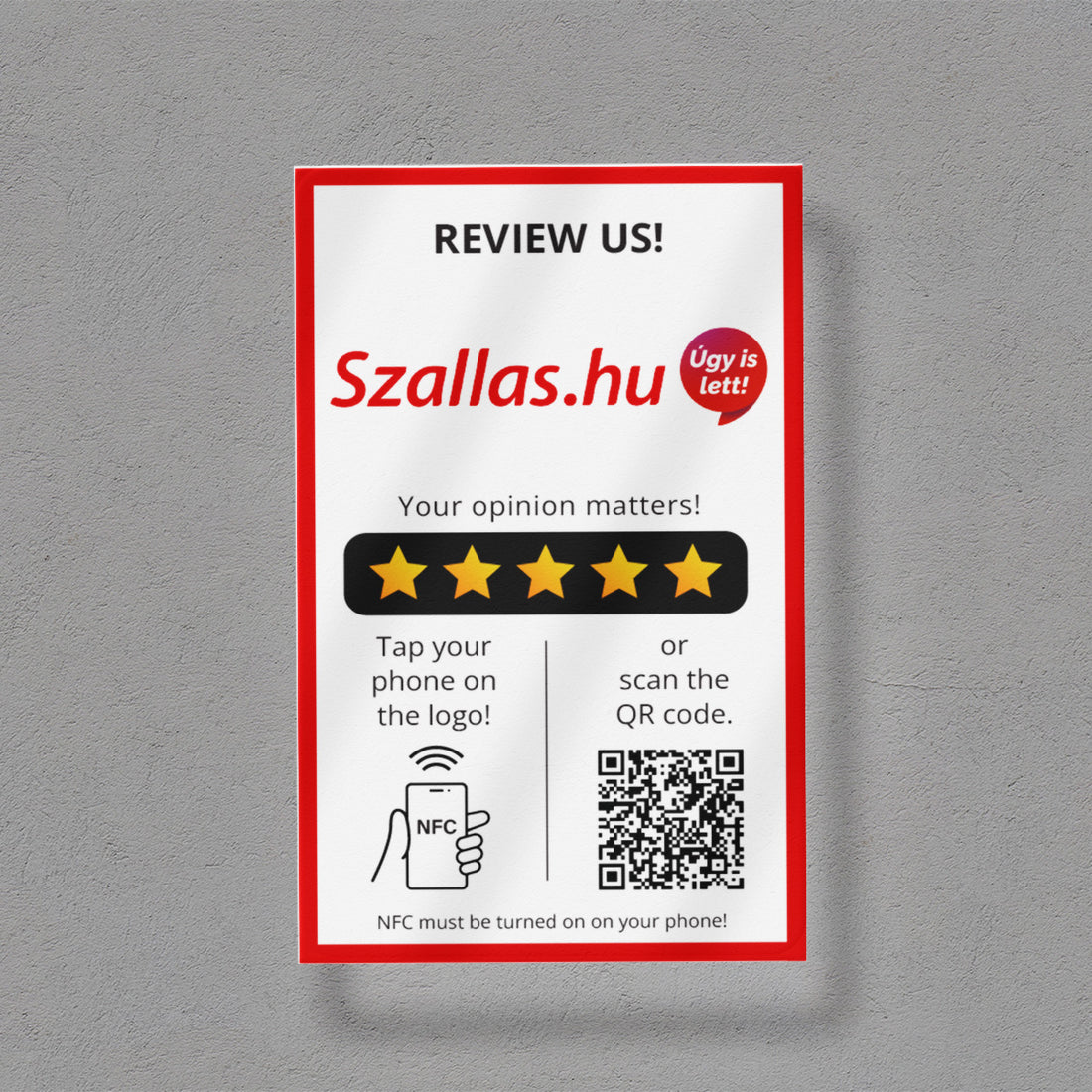 Szállás.hu Értékelésgyűjtő tábla NFC-vel és QR kód leolvasóval - angol nyelvű