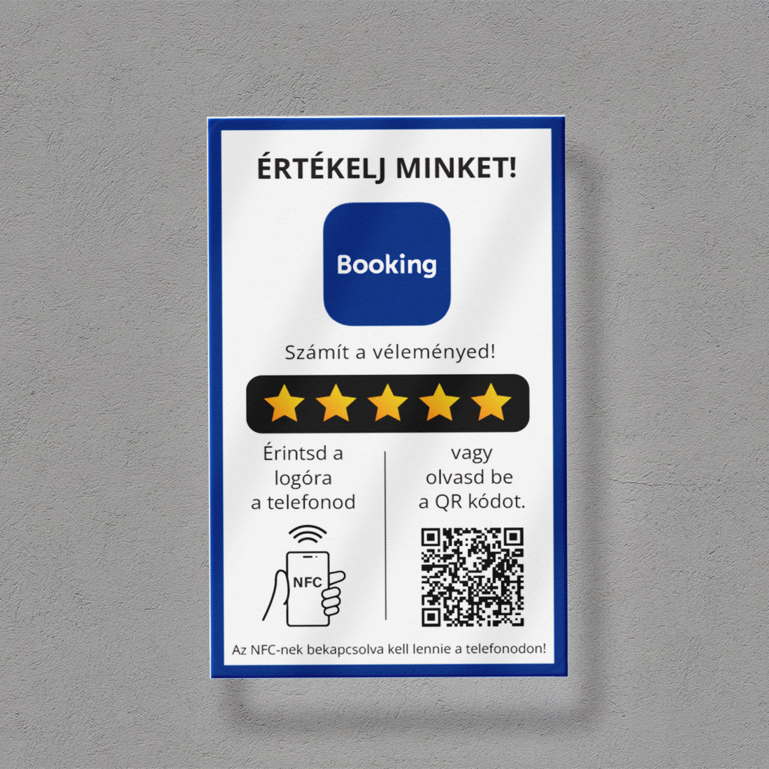 Booking Értékelésgyűjtő tábla NFC-vel és QR kód leolvasóval - magyar nyelvű
