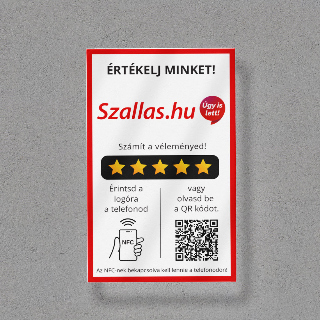 Szállás.hu Értékelésgyűjtő tábla NFC-vel és QR kód leolvasóval - magyar nyelvű