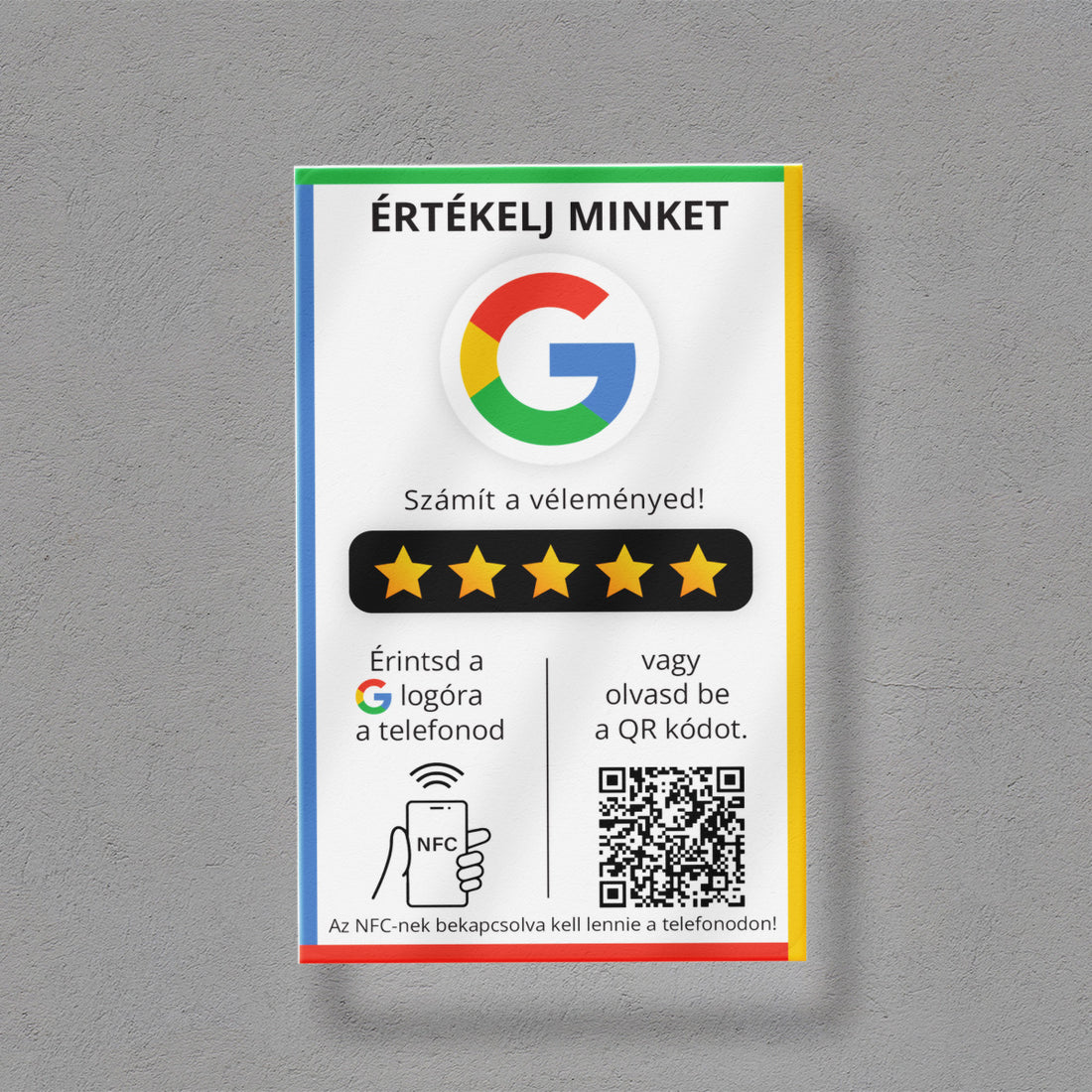 Google Értékelésgyűjtő tábla NFC-vel és QR  kód leolvasóval - magyar nyelvű